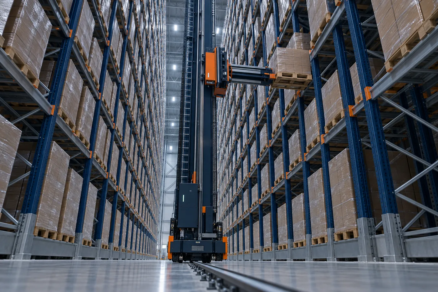Yüksek raflı AS/RS koridorunda paleti yerleştiren istif vinci
