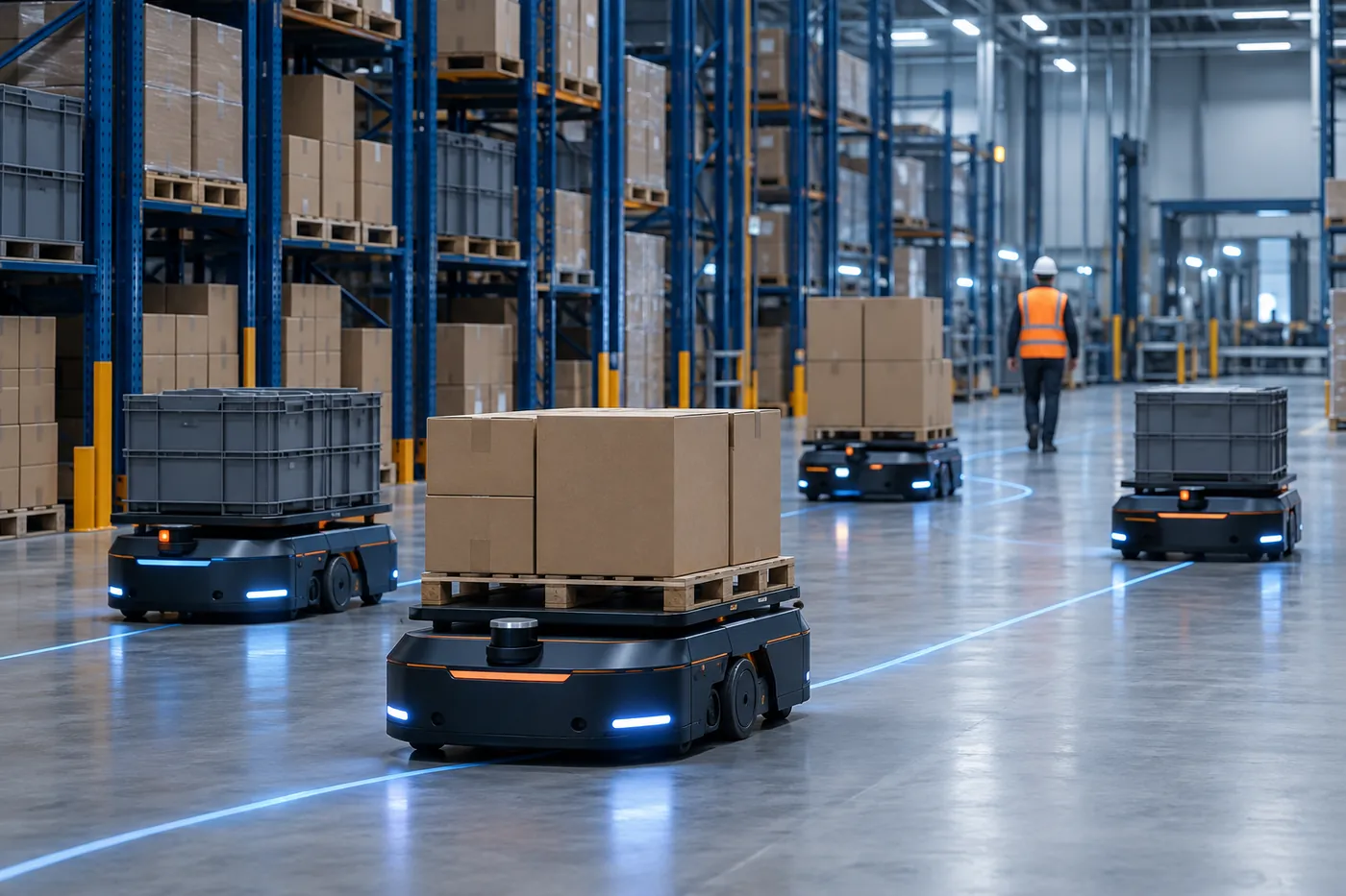 Depo koridorunda birlikte çalışan otonom mobil robot filosu