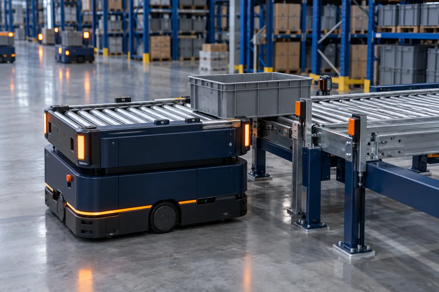 Konveyör istasyonuna yük aktaran otonom mobil robot