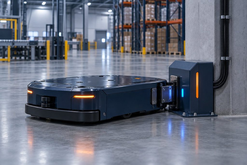 Otomatik şarj istasyonuna yanaşmış AGV