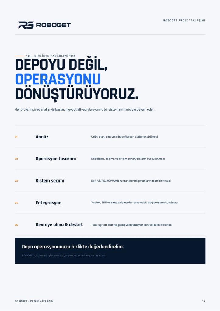 Analiz, operasyon tasarımı, sistem seçimi, entegrasyon ve devreye alma adımlarını anlatan ROBOGET proje yaklaşımı sayfası