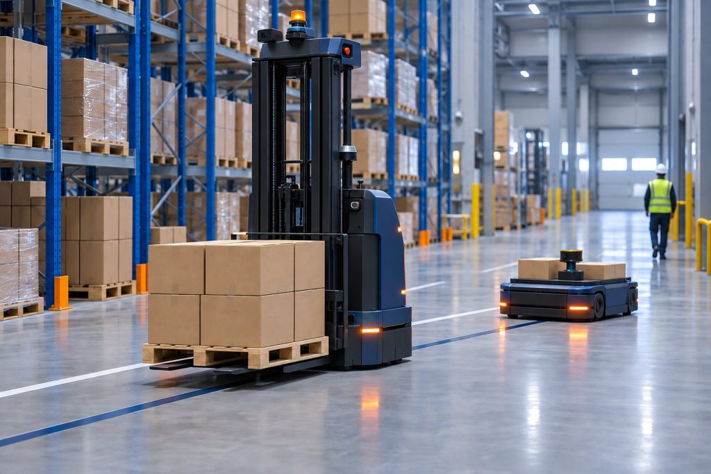 Zemindeki kılavuz şeridi izleyen AGV ve lidar sensörlü AMR